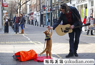 趣图妙语:街头艺猫Bob 和主人在一起